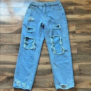 Womens Distressed Ripped Jeans Medium Light Wash Raw Hem Trend Denim
